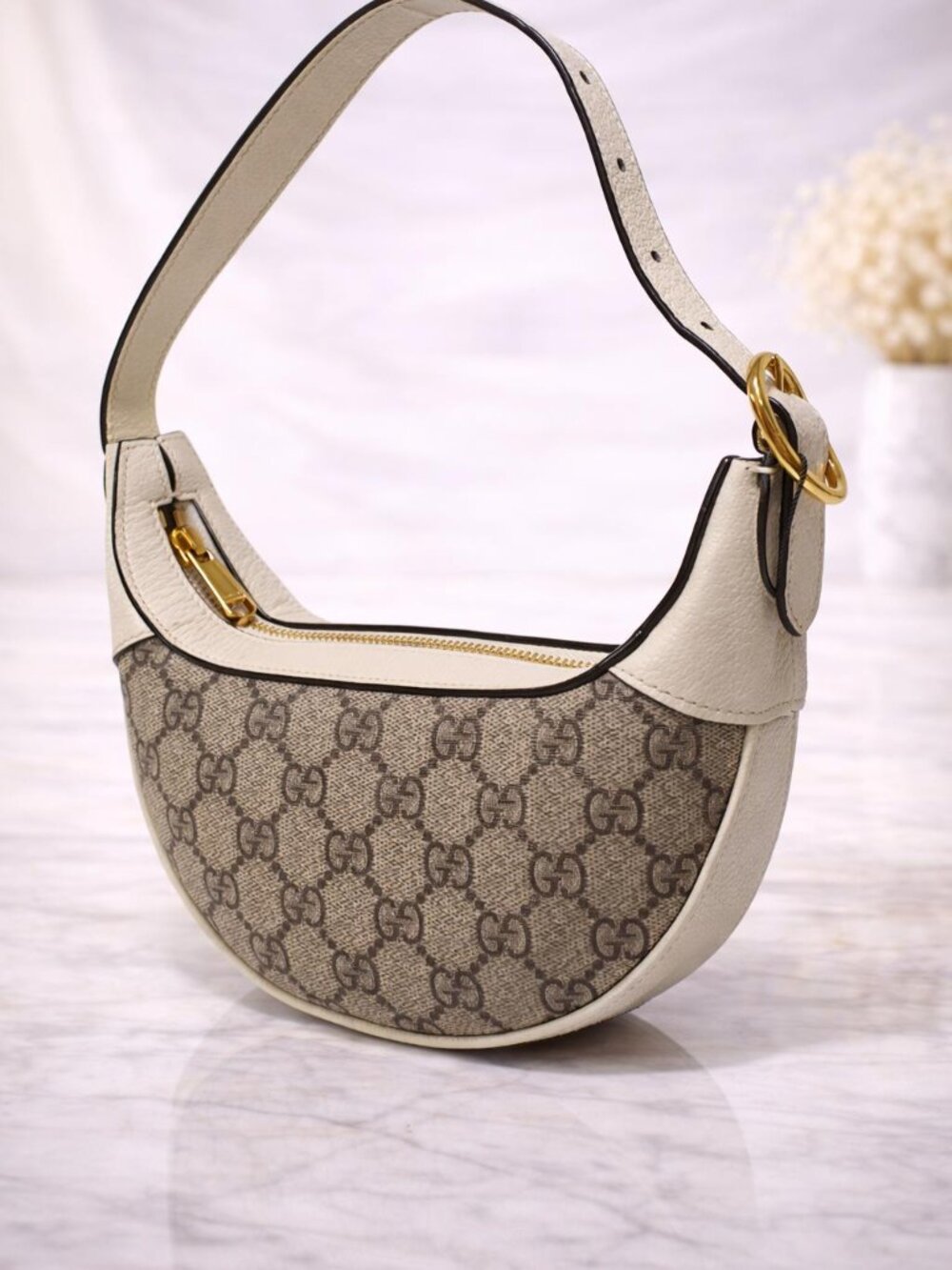 Authentic Gucci GG Canvas Mini Crescent Bag White Leather Trim Shoulder Bag